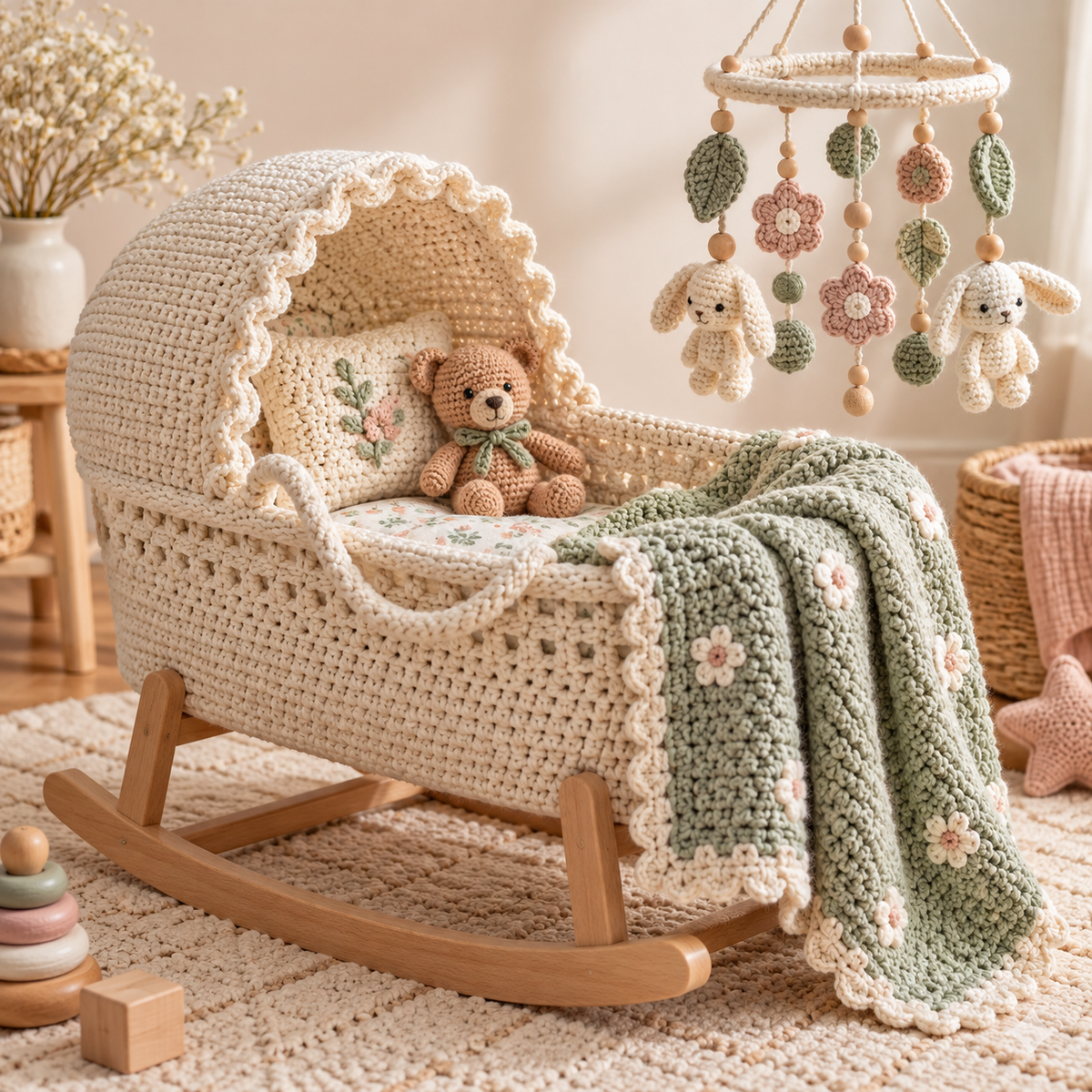 Illustrative Baby & Nursery crochet scene. AI-generated representative artwork; not a photograph of a finished sample.