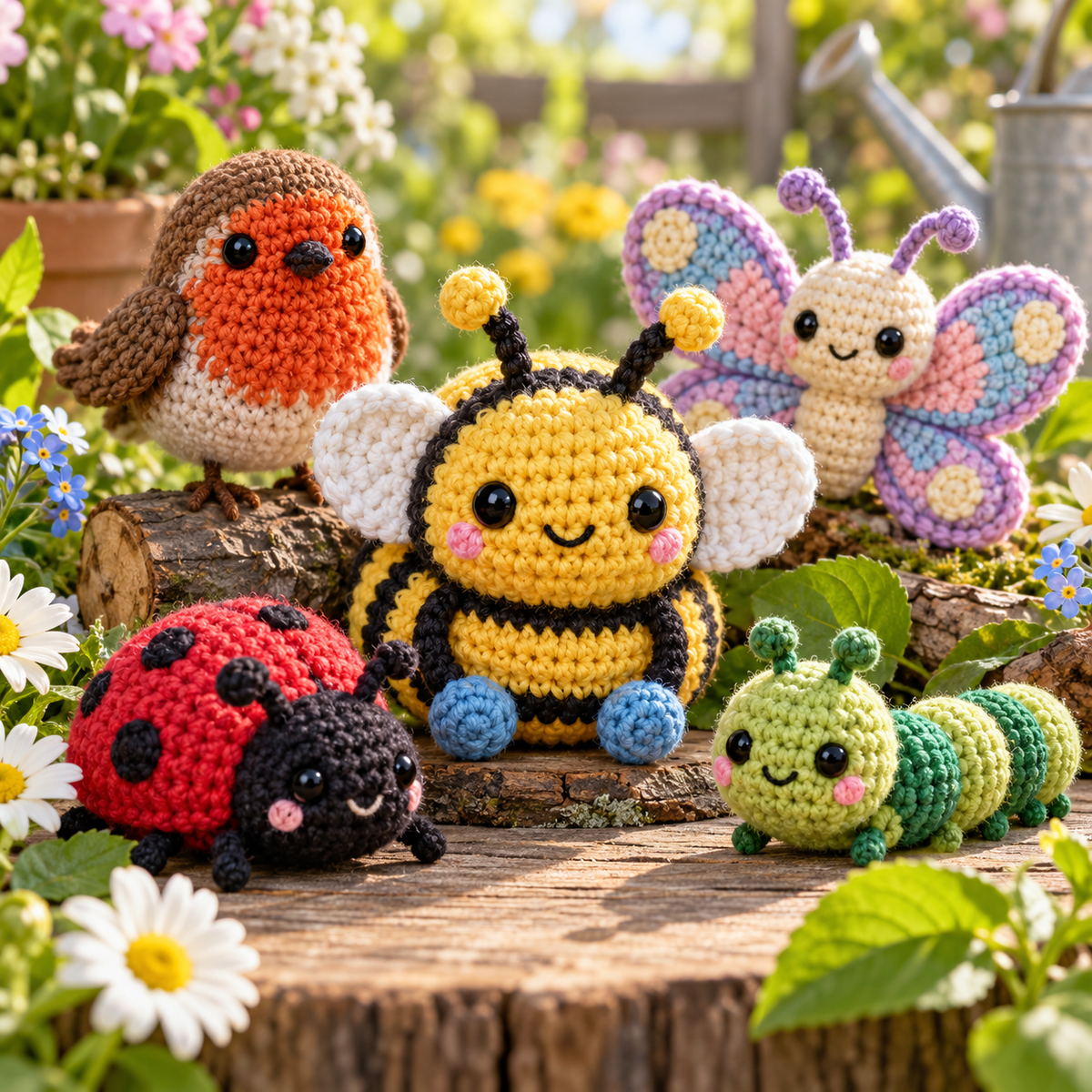 Illustrative Birds & Bugs crochet scene. AI-generated representative artwork; not a photograph of a finished sample.