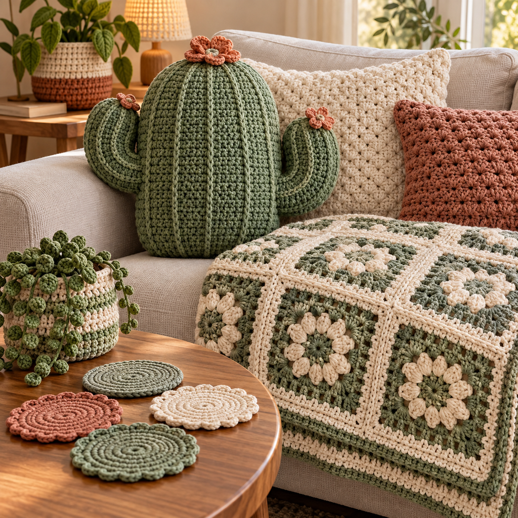 Illustrative Blankets & Home Decor crochet scene. AI-generated representative artwork; not a photograph of a finished sample.
