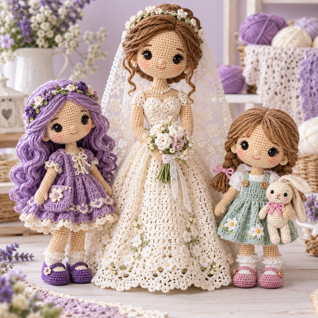 Illustrative dolls and people crochet artwork.