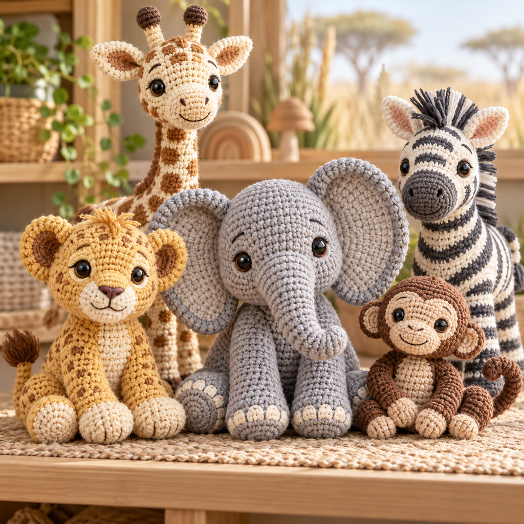 Illustrative Farm & Safari Animals crochet scene. AI-generated representative artwork; not a photograph of a finished sample.
