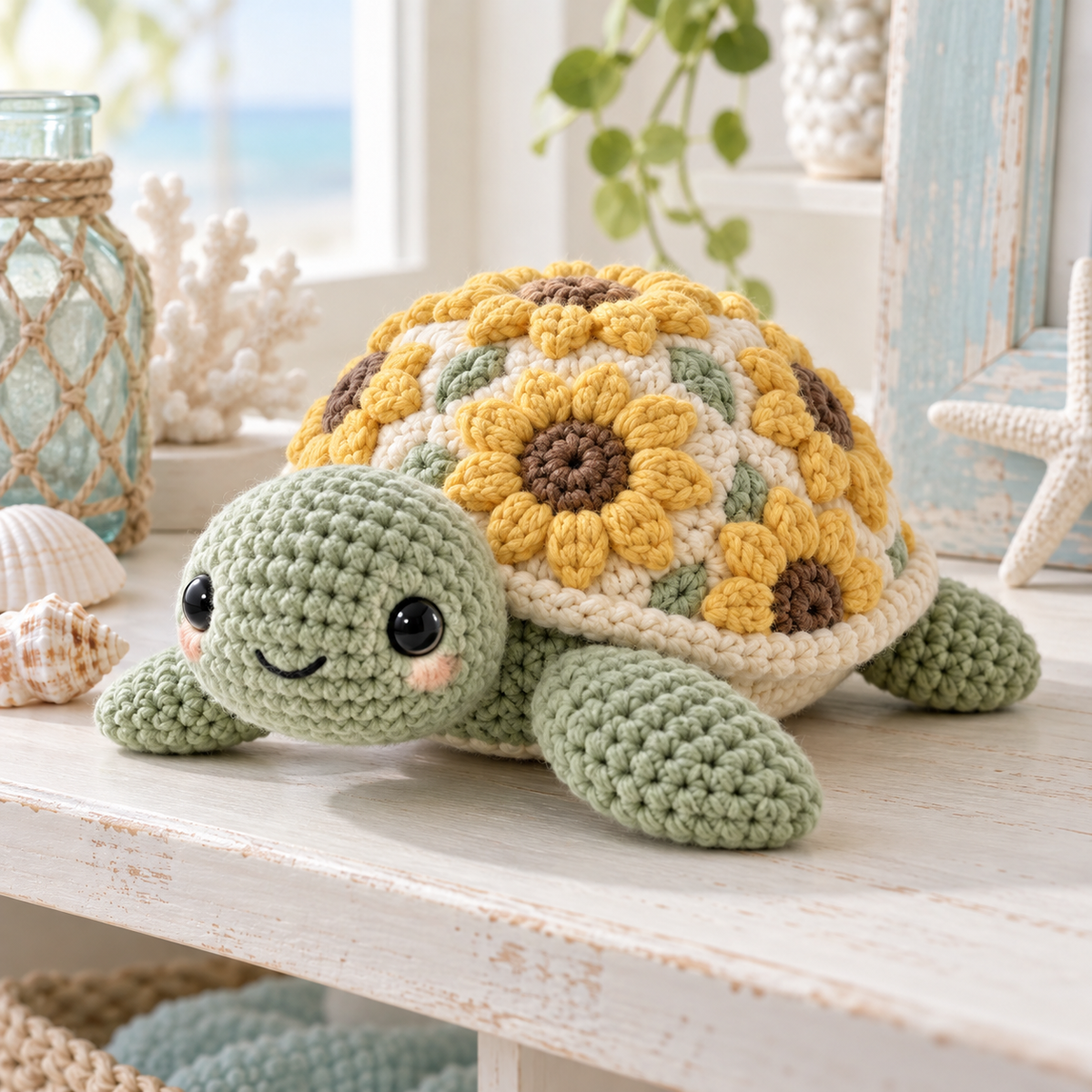 Illustrative Sea Creatures crochet scene. AI-generated representative artwork; not a photograph of a finished sample.