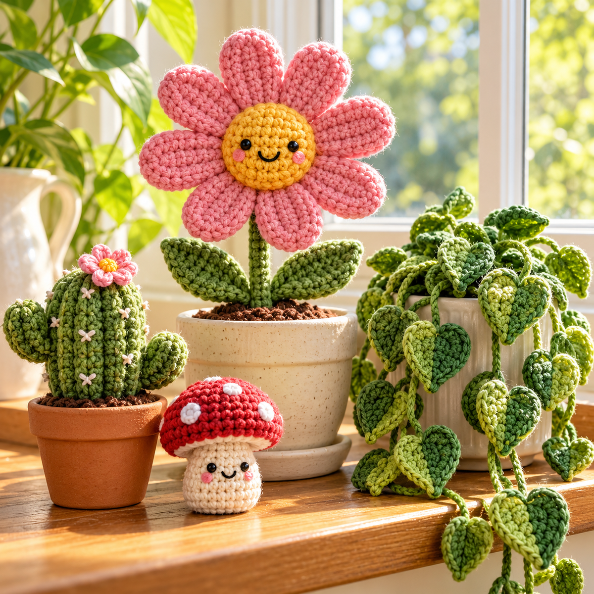 Illustrative crochet flowers and plants artwork.
