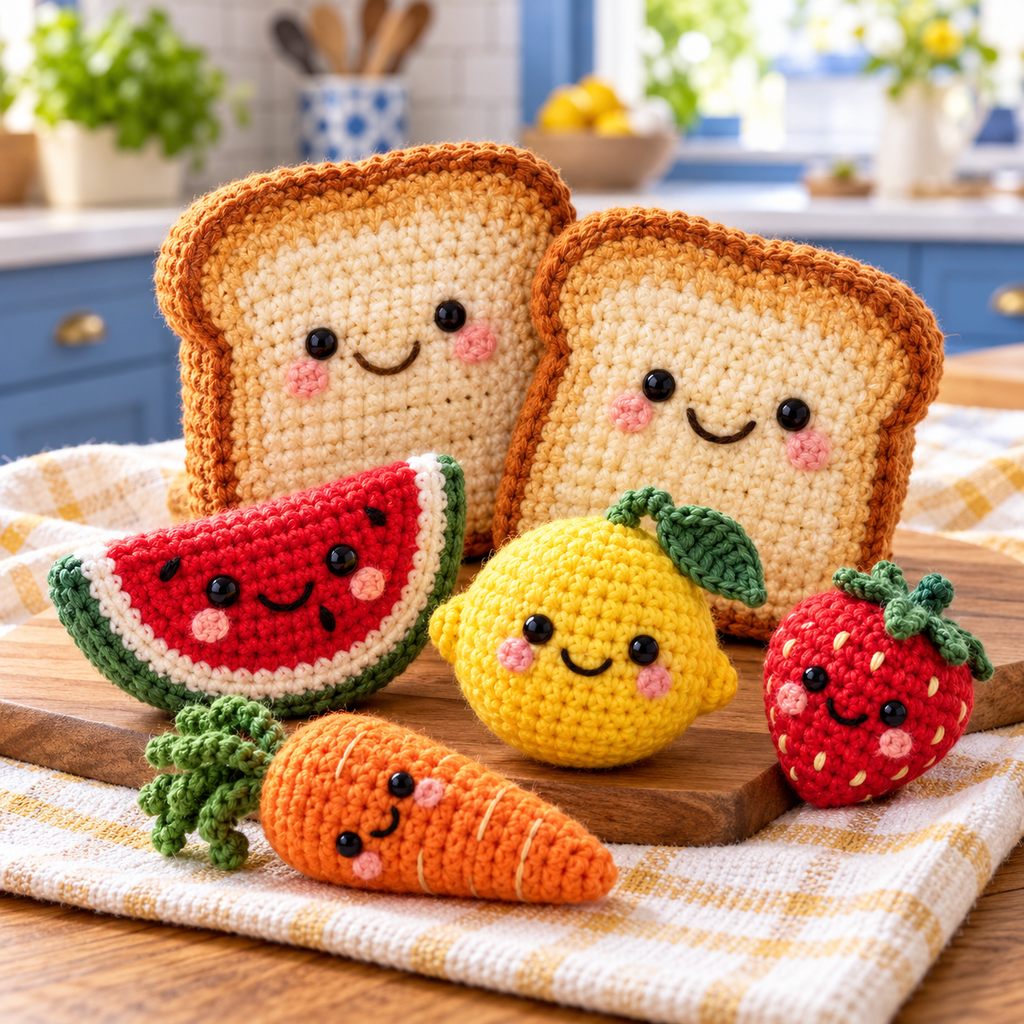 Illustrative crochet food and kitchen artwork.