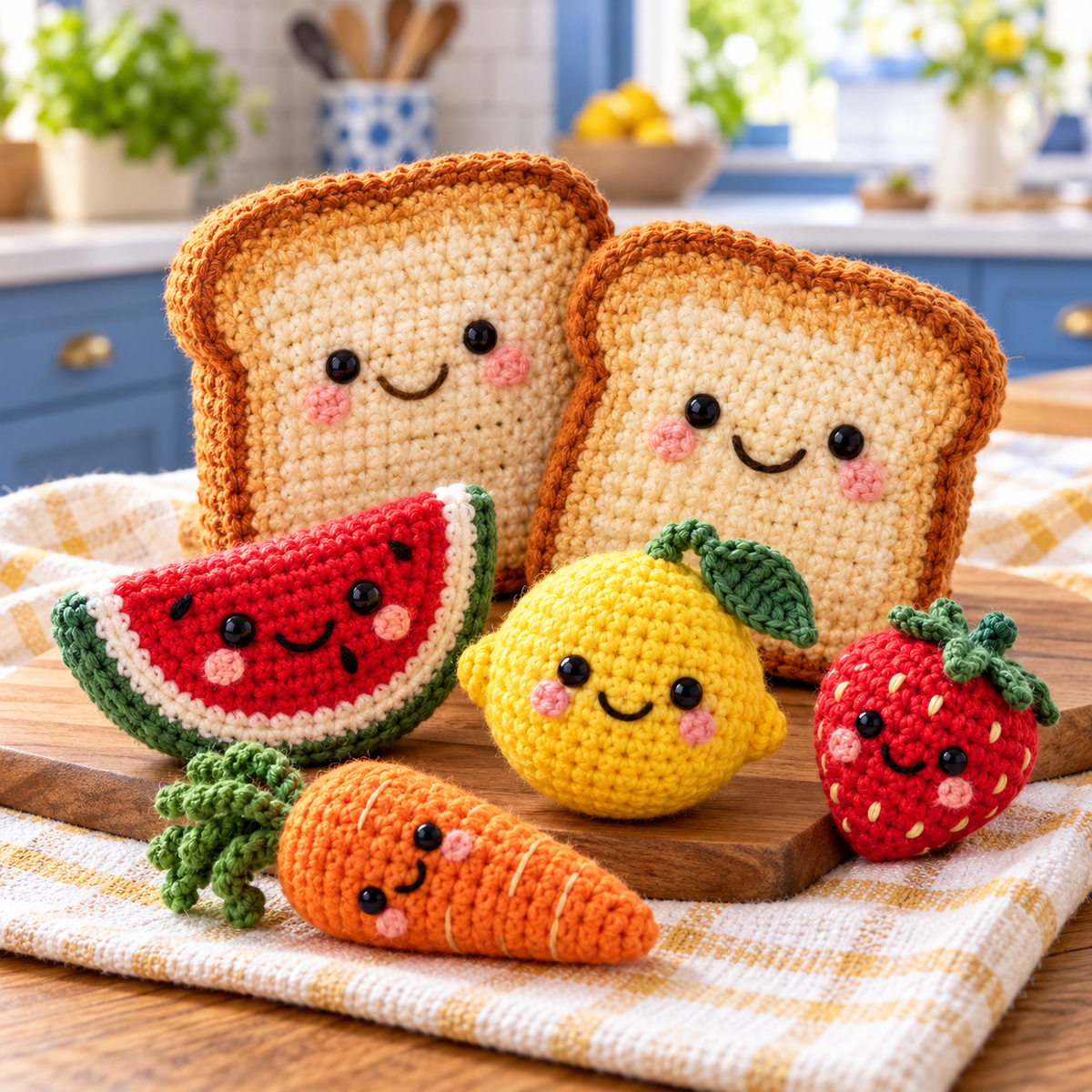 Illustrative crochet food and kitchen artwork.