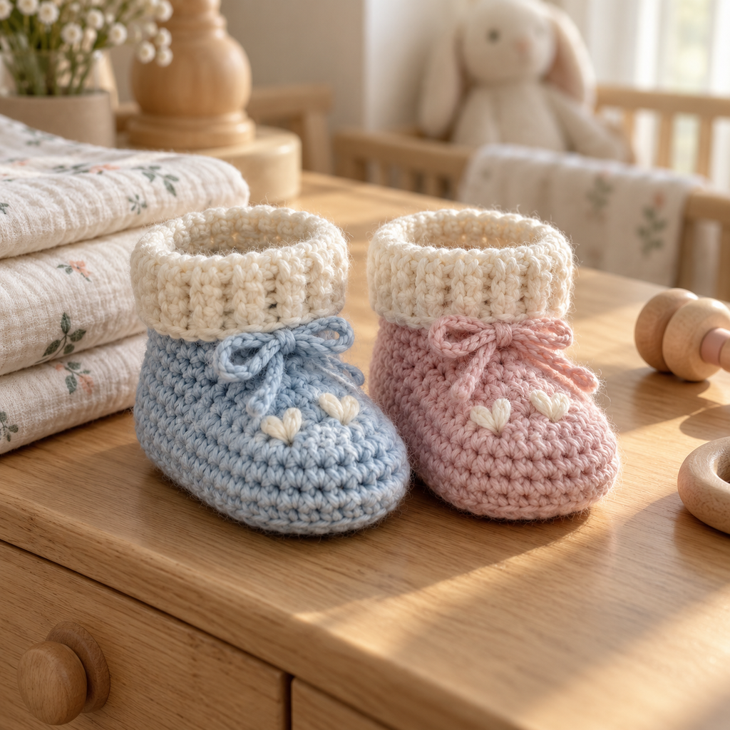 Illustrative crochet baby booties scene.