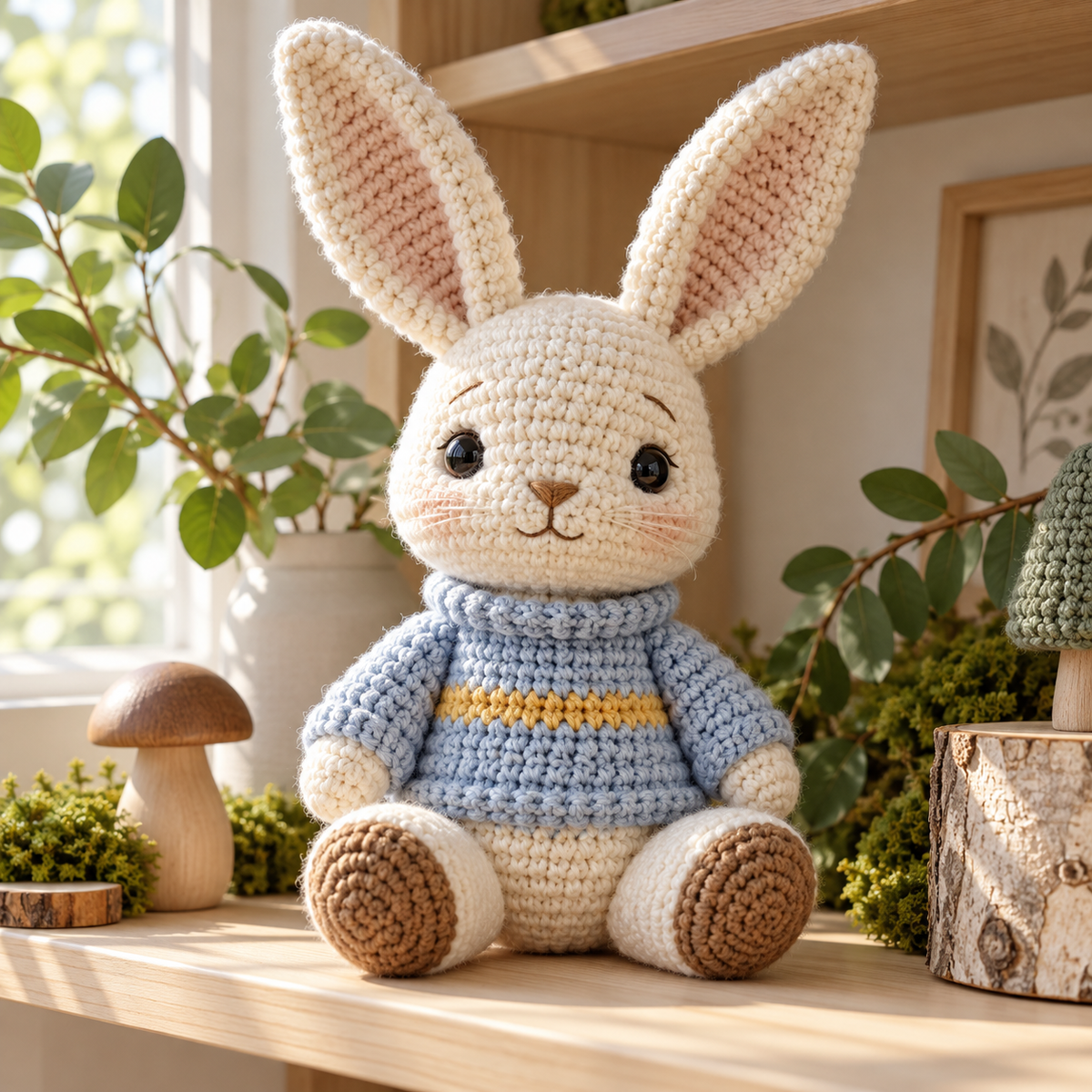 Illustrative Woodland Animals crochet scene. AI-generated representative artwork; not a photograph of a finished sample.