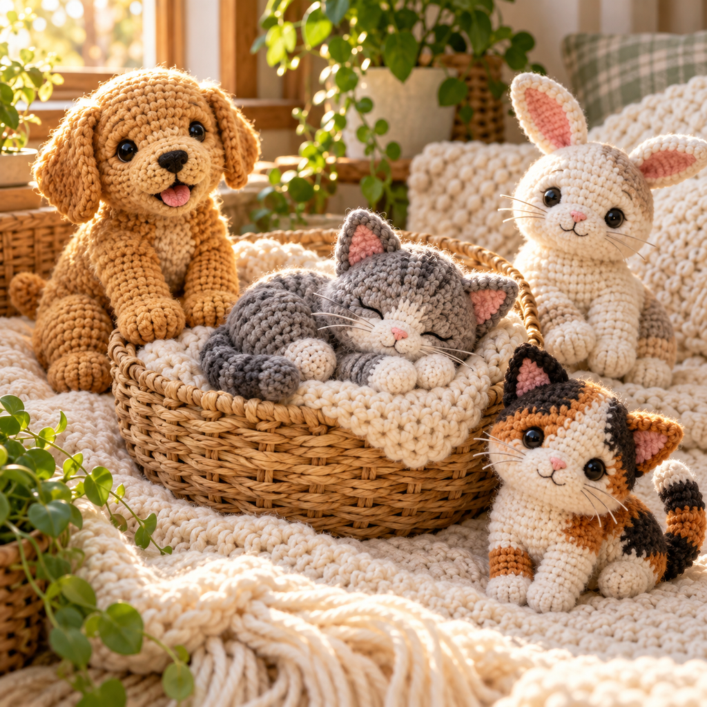 Illustrative crochet pet collection artwork.
