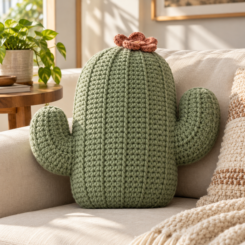 Illustrative crochet pillow scene.