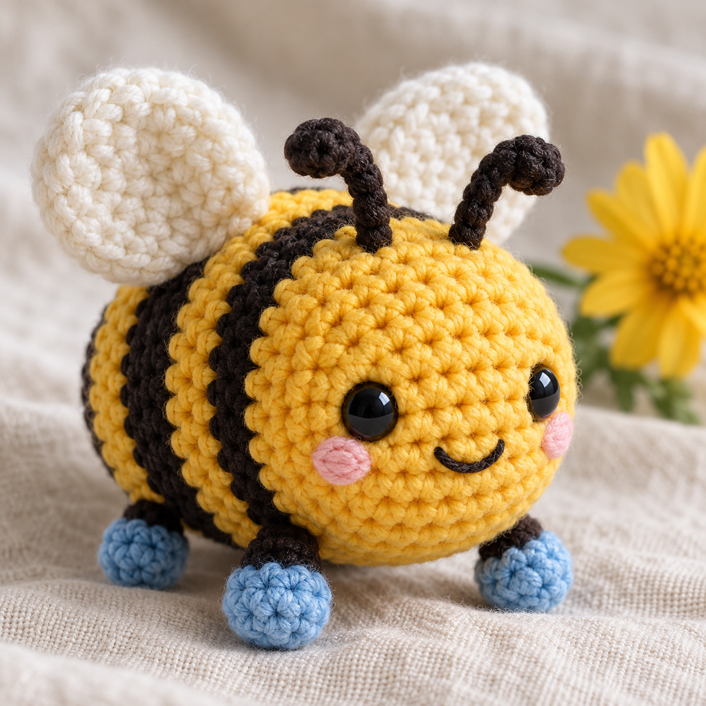 Illustrative Birds & Bugs crochet scene. AI-generated representative artwork; not a photograph of a finished sample.