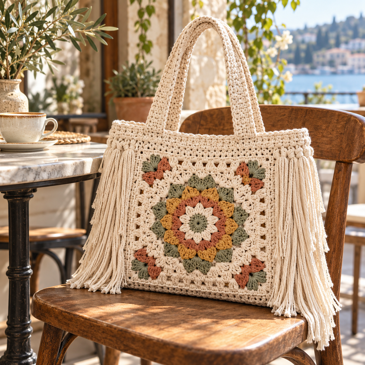 Illustrative crochet bag scene.