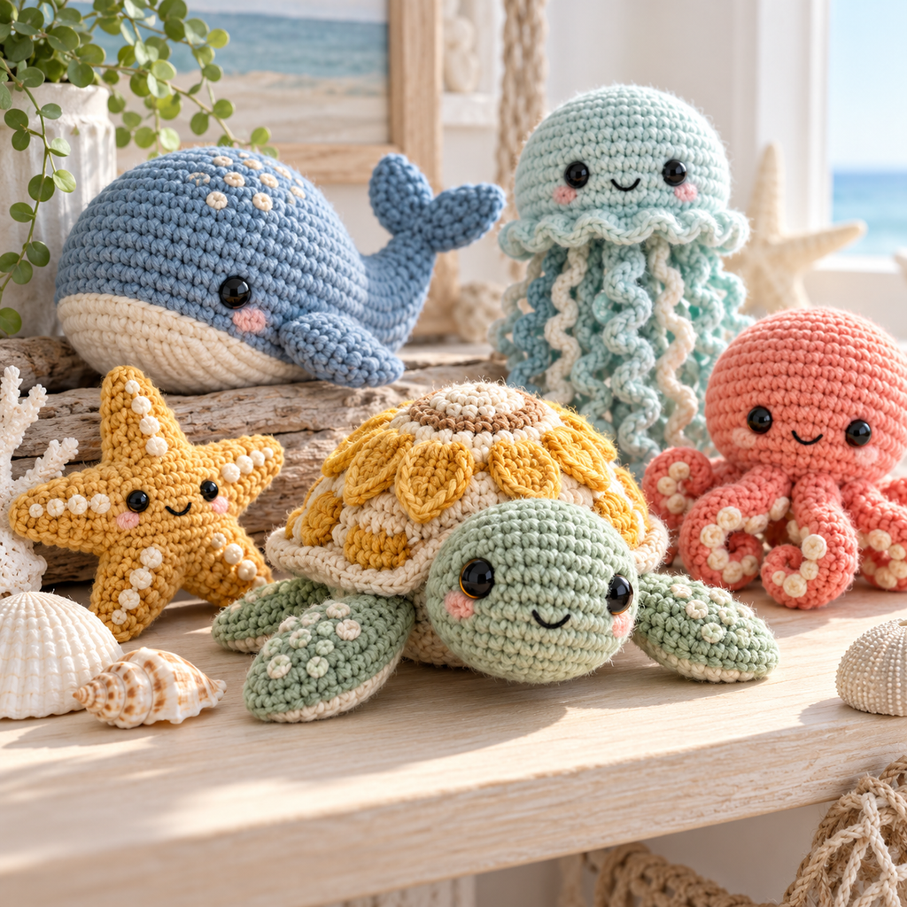 Illustrative sea creature crochet artwork.