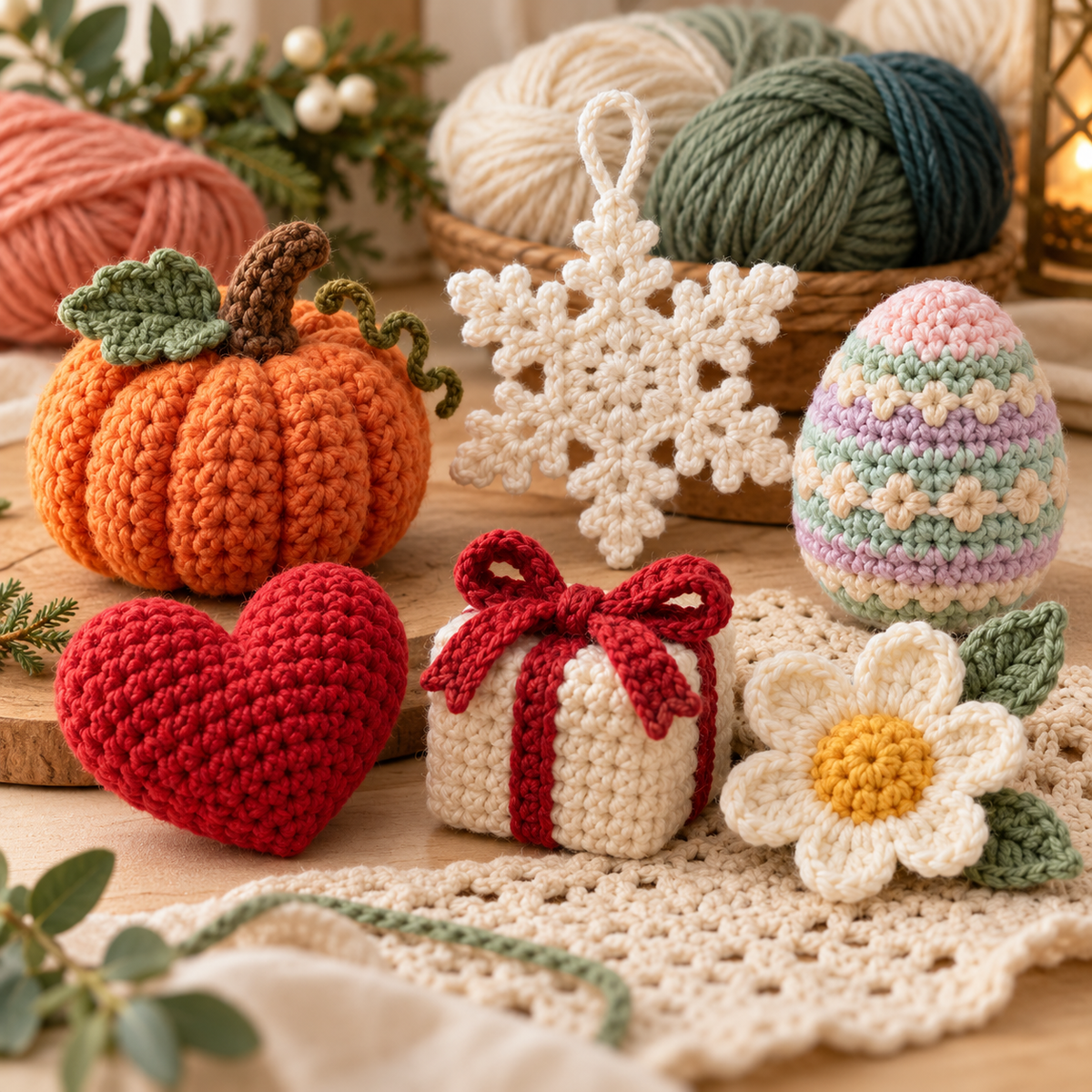 UseYourNeedle seasonal crochet patterns — illustrative cover artwork.