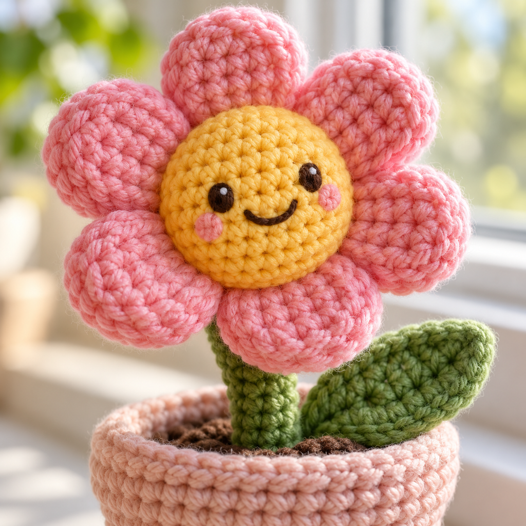 Illustrative Flowers & Plants crochet scene. AI-generated representative artwork; not a photograph of a finished sample.