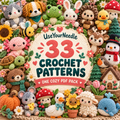 UseYourNeedle 33 crochet pattern bundle, shown as a colorful collage of crocheted characters around the title 33 crochet patterns.