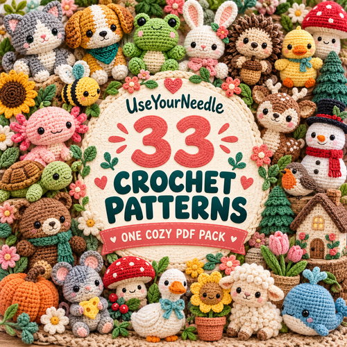 UseYourNeedle 33 crochet pattern bundle, shown as a colorful collage of crocheted characters around the title 33 crochet patterns.