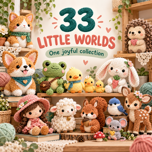 A variety of original crocheted animal and woodland characters representing the 33-pattern UseYourNeedle collection.