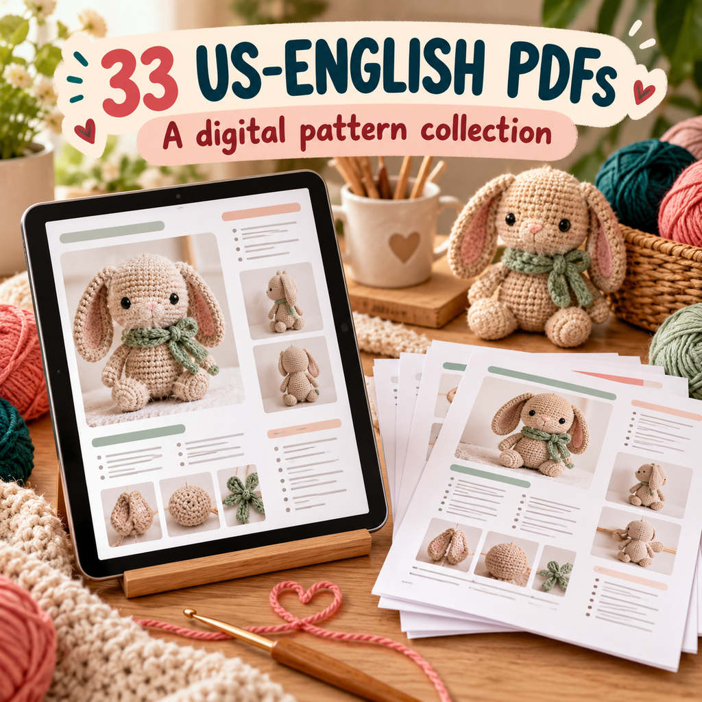 Tablet and printed sample pages representing 33 US-English crochet pattern PDFs.