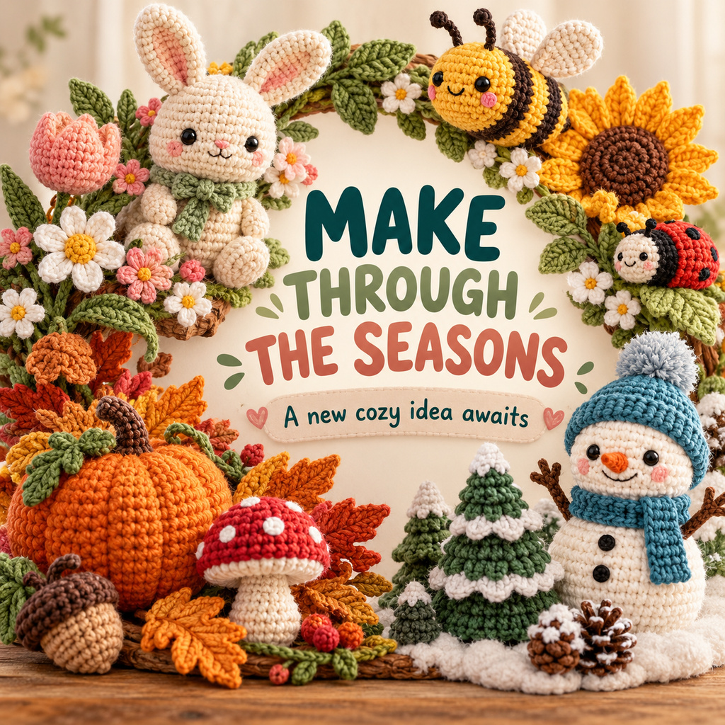 Seasonal crochet inspiration with a bunny, flowers, pumpkin, toadstool, snow character and fir trees.