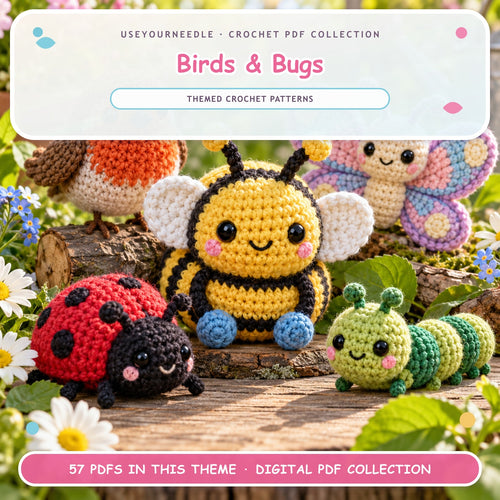 UseYourNeedle Birds & Bugs crochet PDF cover; 57 PDF patterns; fluffy colorful artwork