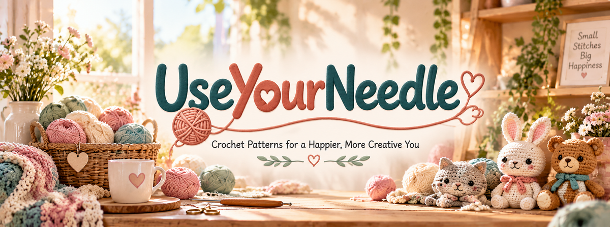 UseYourNeedle crochet studio banner with yarn, amigurumi, logo, and crochet patterns tagline