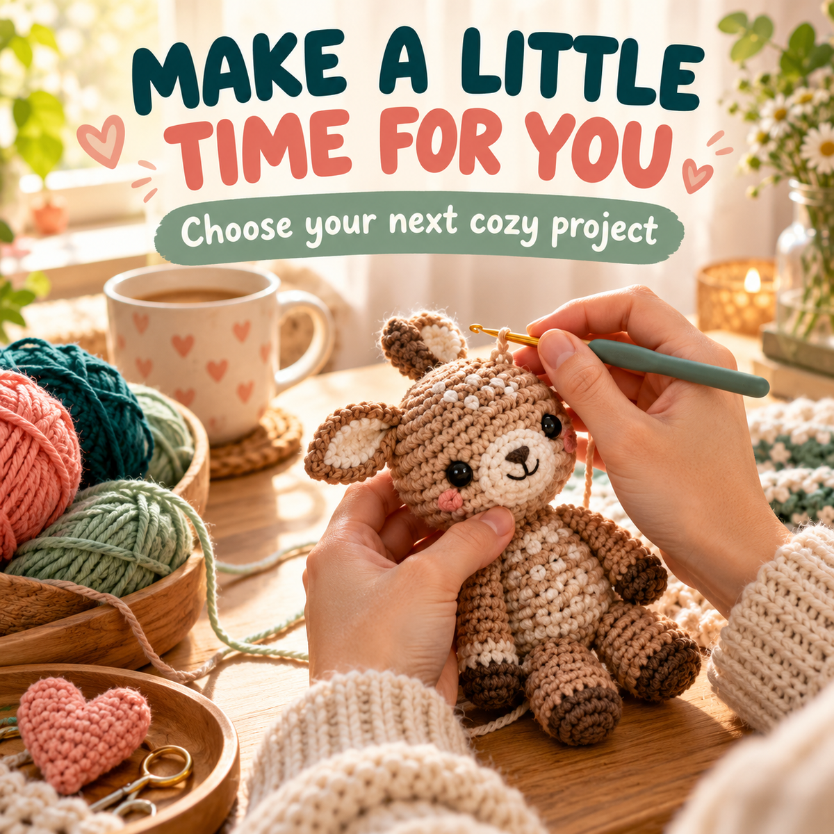 Hands crocheting a small plush project at a warm, cozy craft table.