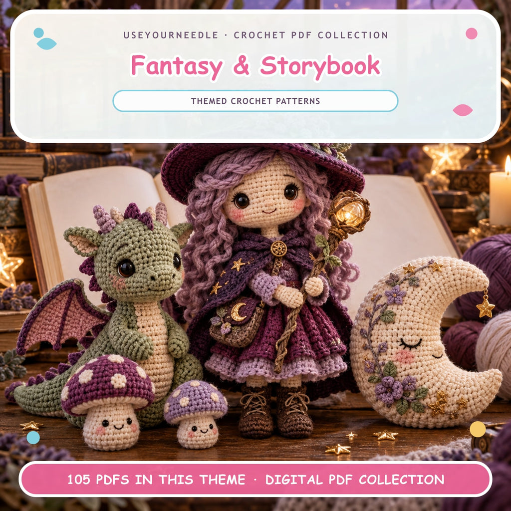 UseYourNeedle Fantasy & Storybook crochet PDF cover; 105 PDF patterns; fluffy colorful artwork