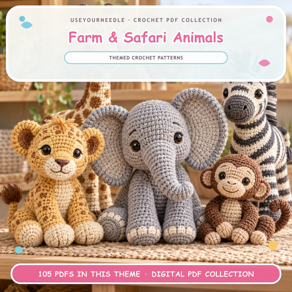 UseYourNeedle Farm & Safari Animals crochet PDF cover; 105 PDF patterns; fluffy colorful artwork