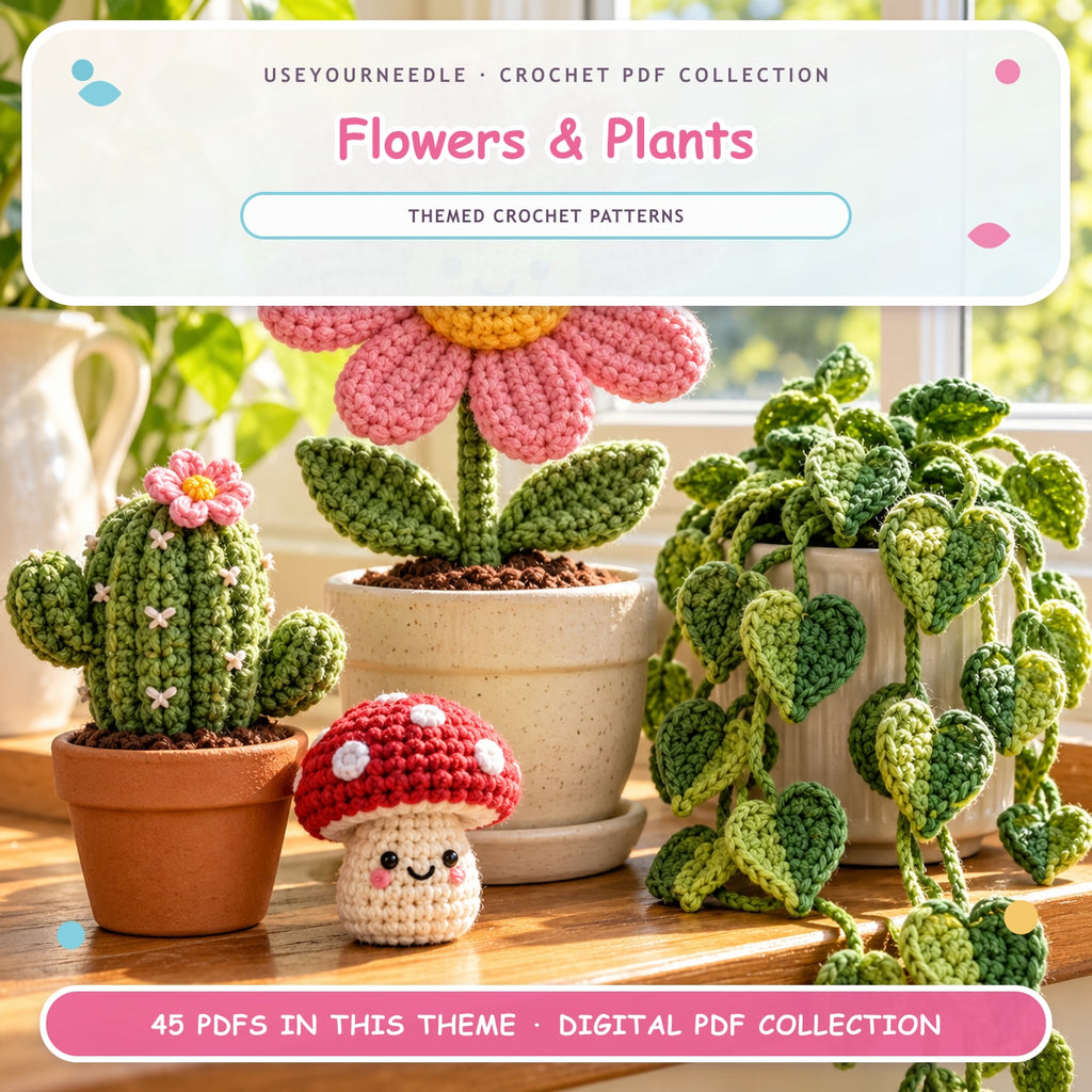 UseYourNeedle Flowers & Plants crochet PDF cover; 45 PDF patterns; fluffy colorful artwork