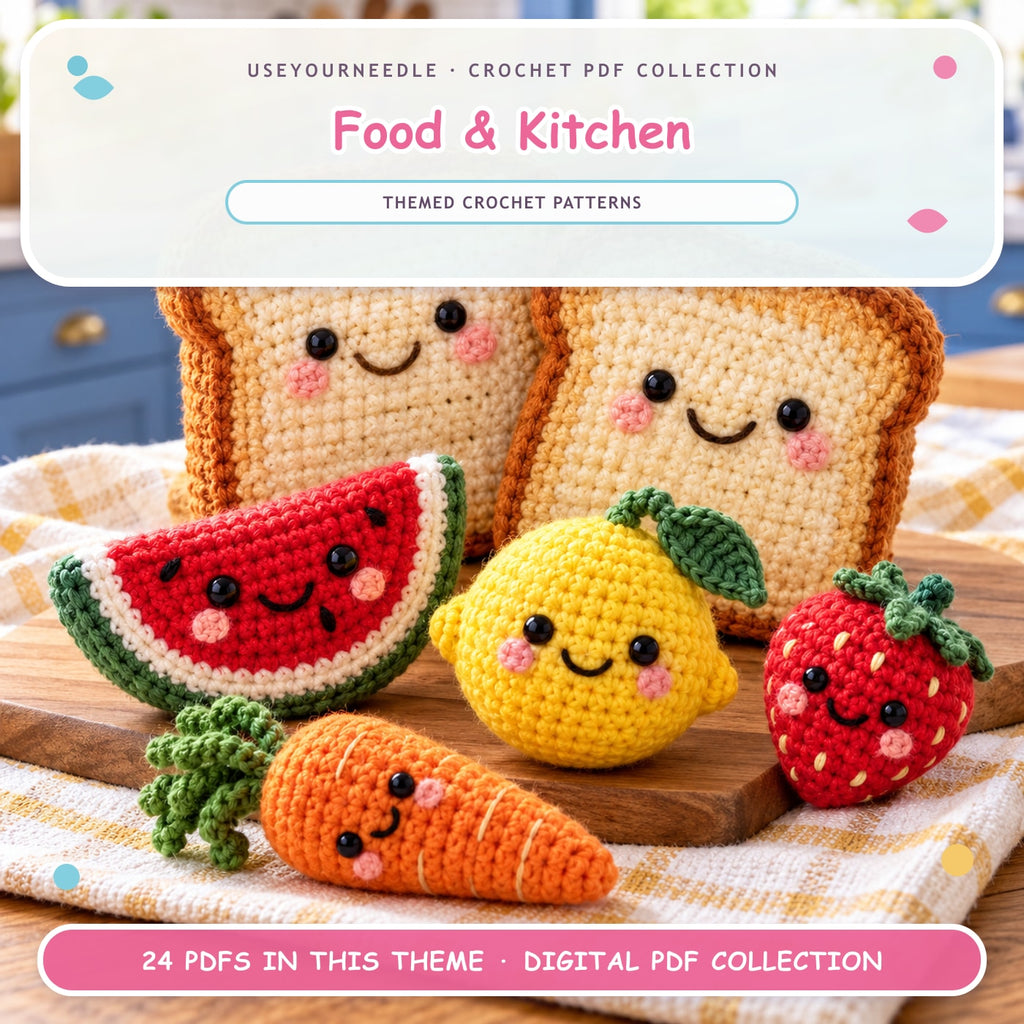 UseYourNeedle Food & Kitchen crochet PDF cover; 24 PDF patterns; fluffy colorful artwork