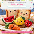 UseYourNeedle Food & Kitchen crochet PDF cover; 24 PDF patterns; fluffy colorful artwork