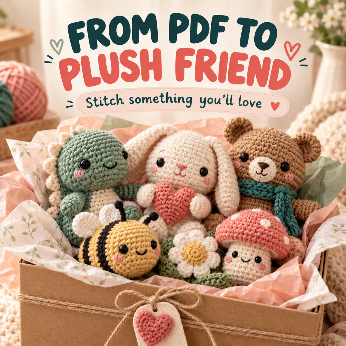 Finished example crochet characters arranged in a gift box, illustrating the makes represented by the PDF patterns.