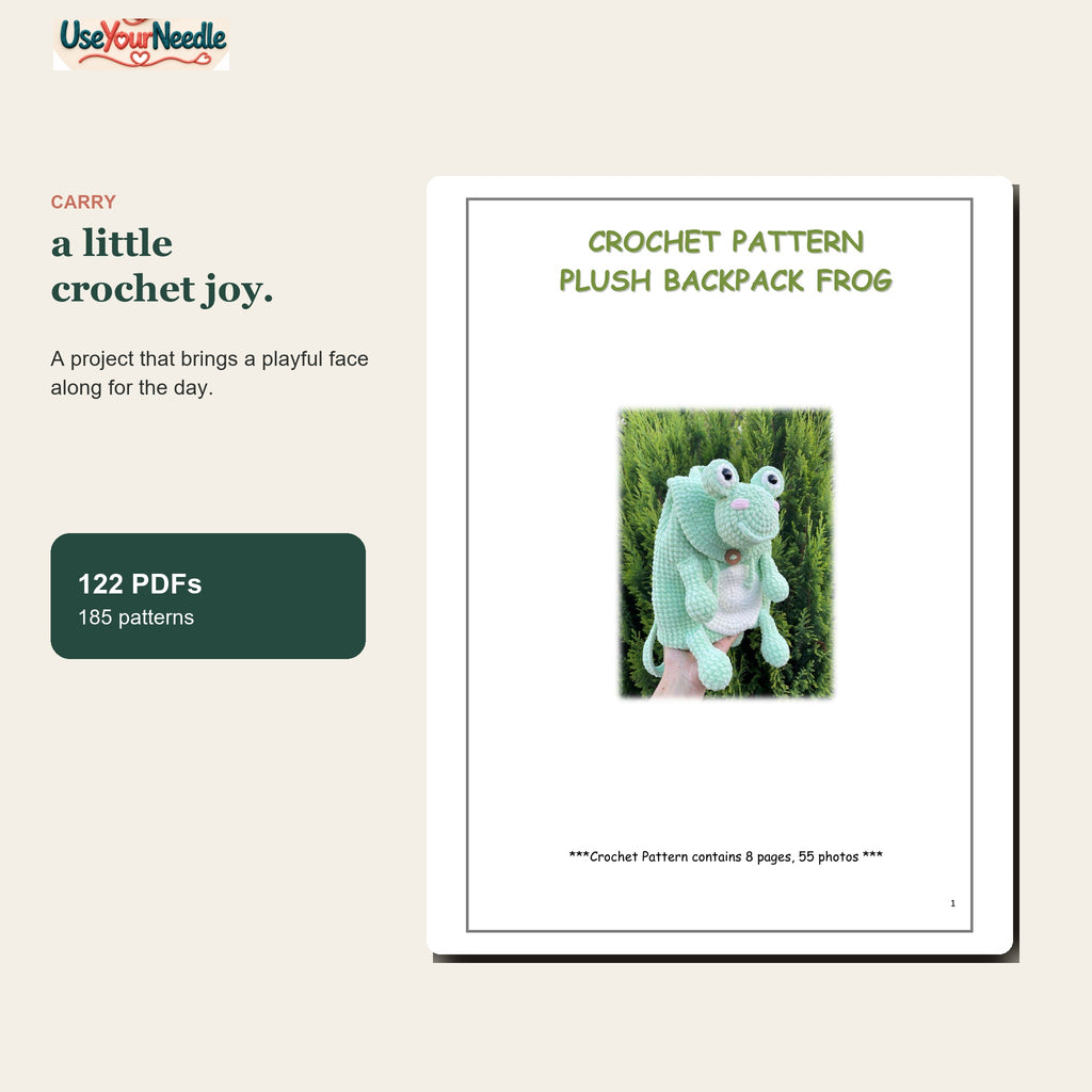 Bags & Accessories — Frog Backpack pattern preview; 122 PDFs and 185 patterns
