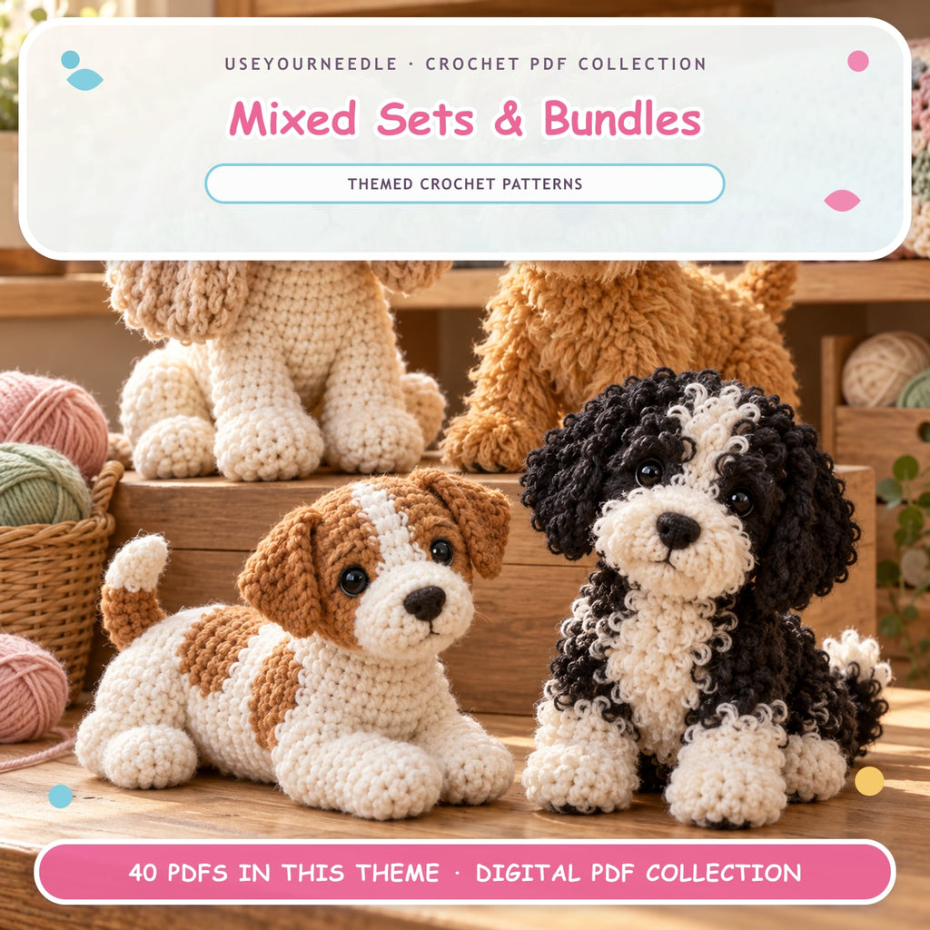 UseYourNeedle Mixed Sets & Bundles crochet PDF cover; 40 PDF patterns; fluffy colorful artwork
