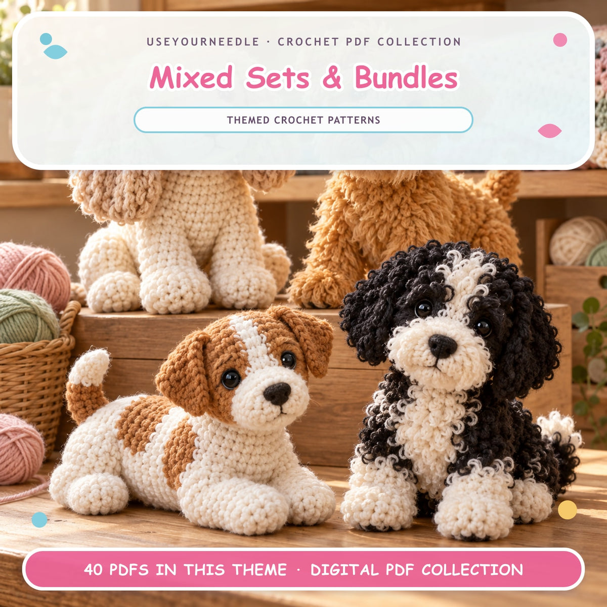UseYourNeedle Mixed Sets & Bundles crochet PDF cover; 40 PDF patterns; fluffy colorful artwork