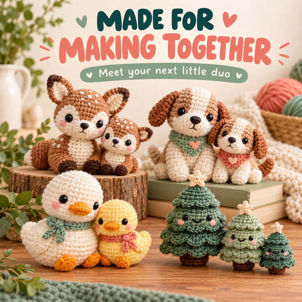 Crocheted character pairs and mini families for companion projects.
