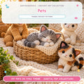 UseYourNeedle Pets crochet PDF cover; 157 PDF patterns; fluffy colorful artwork