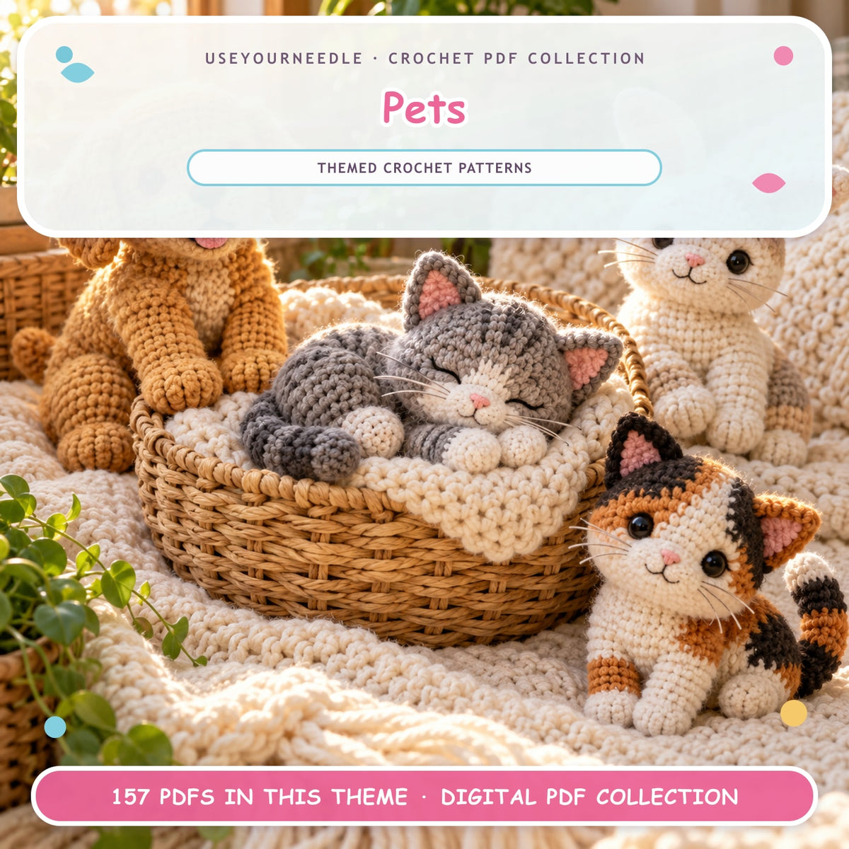 UseYourNeedle Pets crochet PDF cover; 157 PDF patterns; fluffy colorful artwork