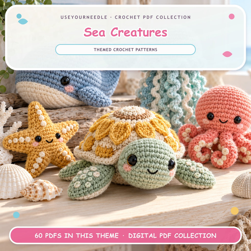 UseYourNeedle Sea Creatures crochet PDF cover; 60 PDF patterns; fluffy colorful artwork
