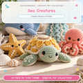 UseYourNeedle Sea Creatures crochet PDF cover; 60 PDF patterns; fluffy colorful artwork