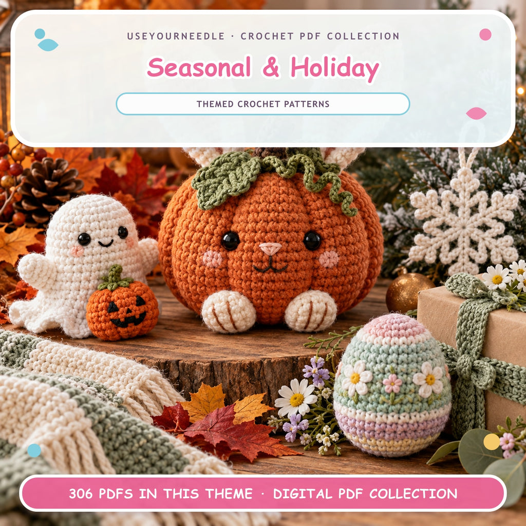 UseYourNeedle Seasonal & Holiday crochet PDF cover; 306 PDF patterns; fluffy colorful artwork