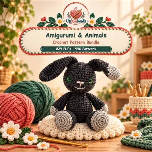 Illustrative crochet studio cover for Amigurumi & Animals, featuring a handmade black bunny and the bundle's verified 829 PDFs and 990 patterns.