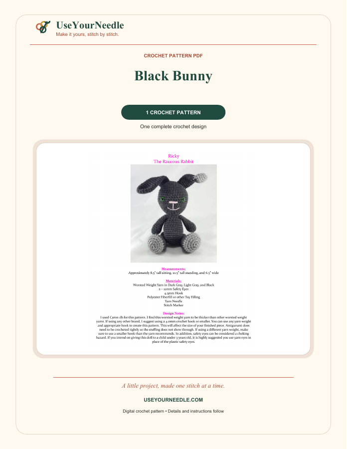 Actual preview: Black Bunny branded crochet PDF cover, included as a representative pattern.