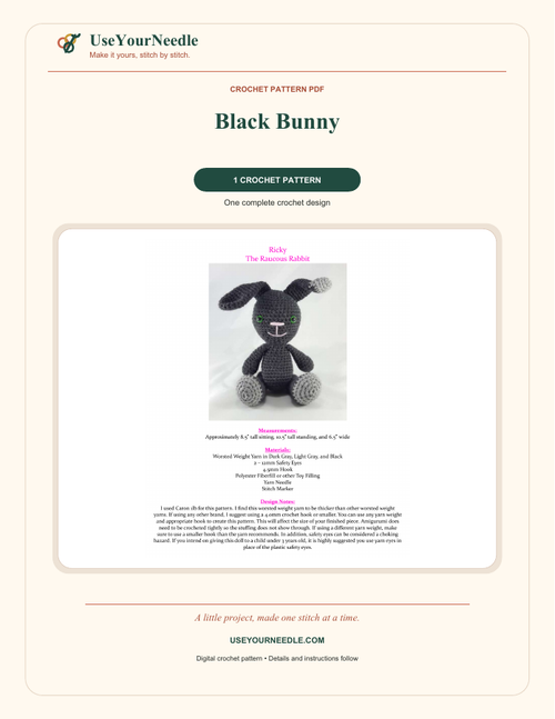 Actual preview: Black Bunny branded crochet PDF cover, included as a representative pattern.