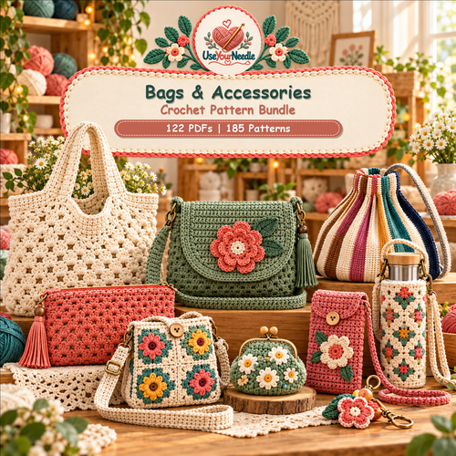 Illustrative UseYourNeedle cover showing varied crochet bags and accessories side by side; bundle contains 122 PDFs and 185 patterns.