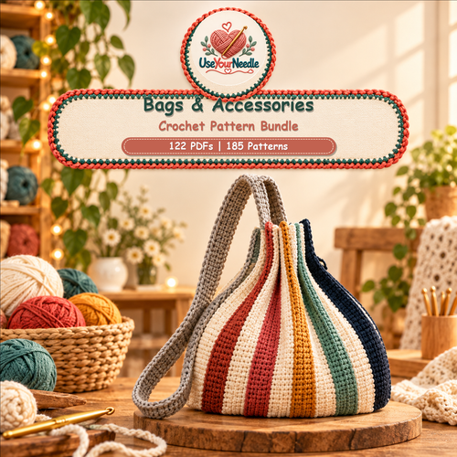 Illustrative crochet studio cover for Bags & Accessories, featuring a striped handmade crochet bag and the bundle's verified 122 PDFs and 185 patterns.