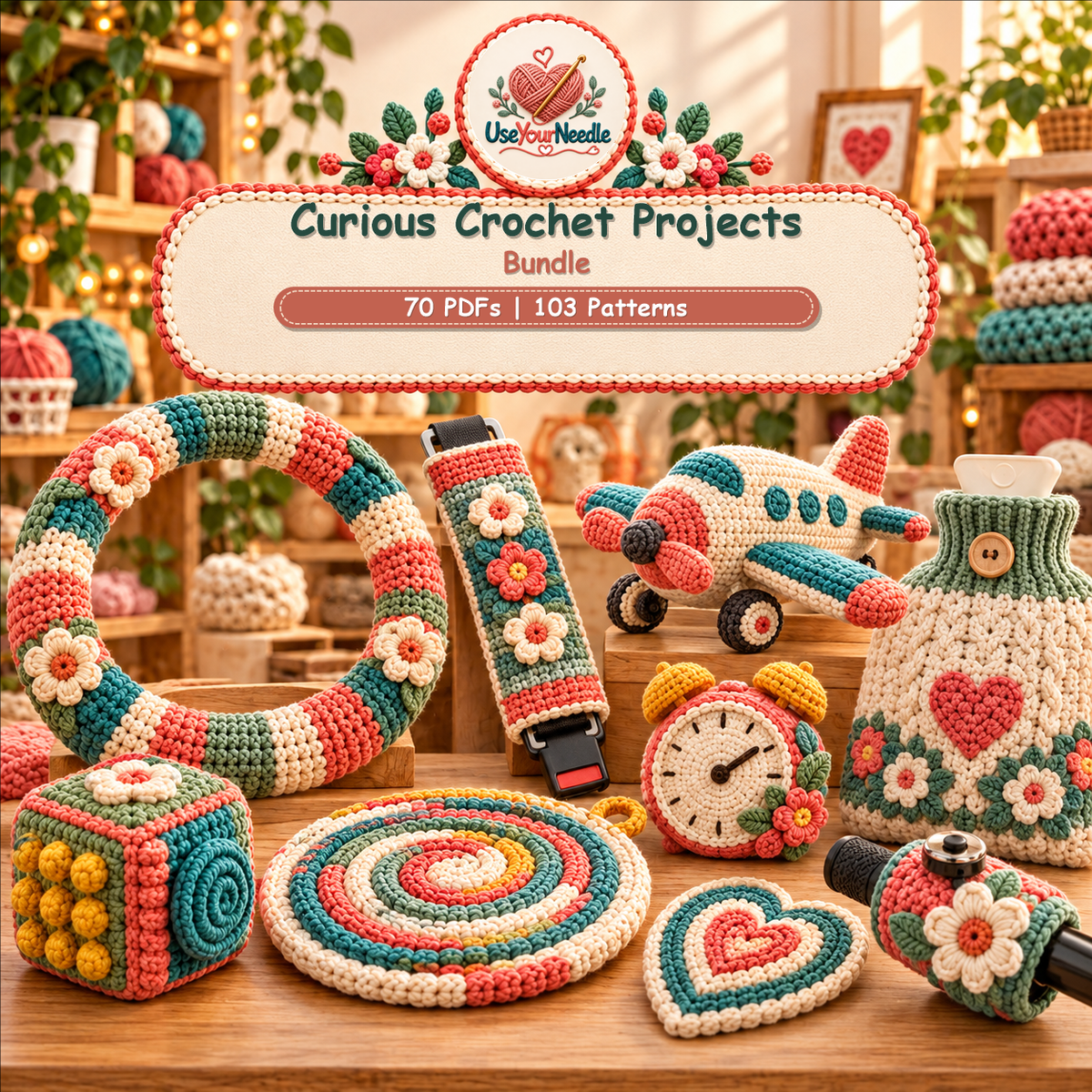Illustrative UseYourNeedle cover showing unusual crochet projects together, including a steering-wheel cover and small makes; bundle contains 70 PDFs and 103 patterns.