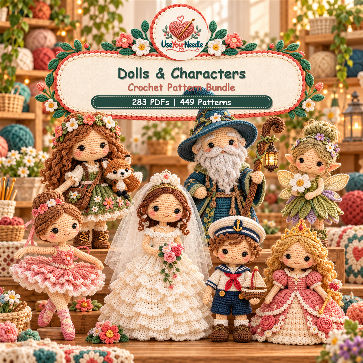 Illustrative UseYourNeedle cover showing a group of different crochet dolls and characters; bundle contains 283 PDFs and 449 patterns.