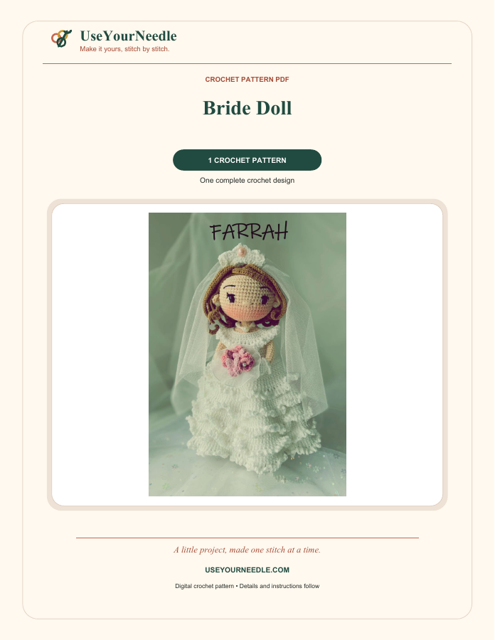 Actual preview: Bride Doll branded crochet PDF cover, included as a representative pattern.