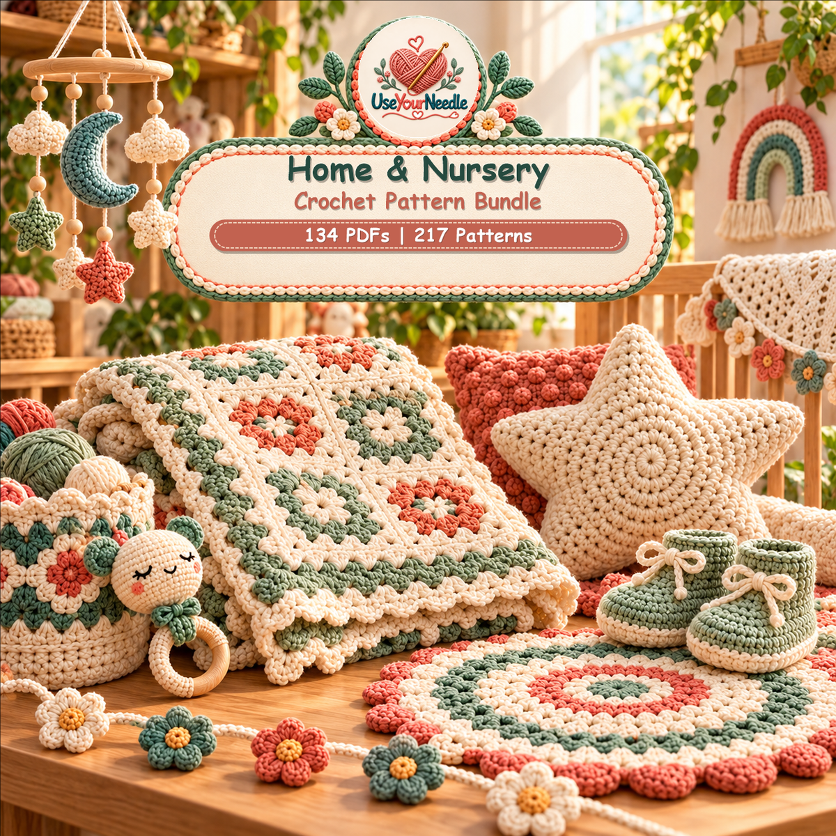 Illustrative UseYourNeedle cover showing several crochet blankets and nursery pieces together; bundle contains 134 PDFs and 217 patterns.